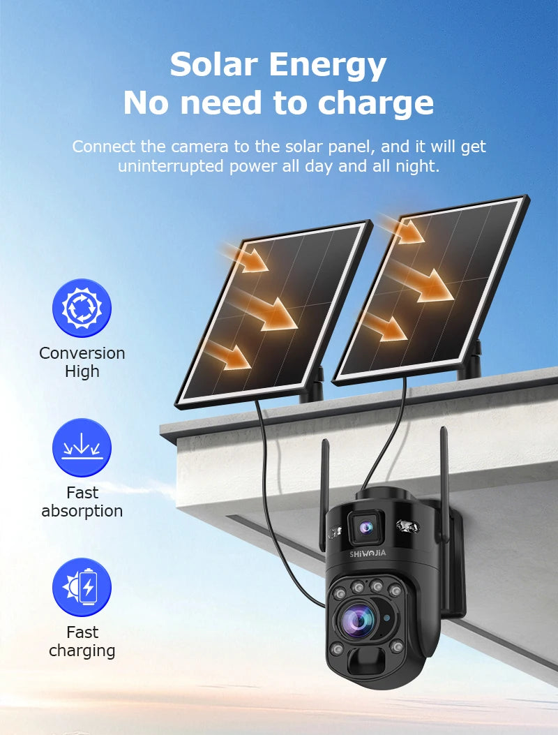 SHIWOJIA 60X ZOOM Solar Camera 4G 10MP AOV 24/7 Video Recording Dual Lens 360° 14W Solar Panel Security WIFI Camera PIR Monitor