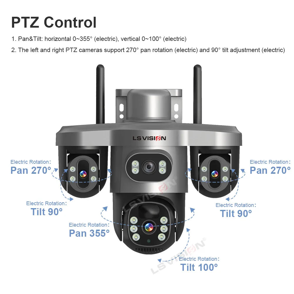 LS VISION Wireless WiFi Solar Camera Three Lens Three Screen 4G Sim Card Solar Cam Human Detection Outdoor Solar Surveillance