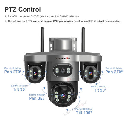 LS VISION Wireless WiFi Solar Camera Three Lens Three Screen 4G Sim Card Solar Cam Human Detection Outdoor Solar Surveillance
