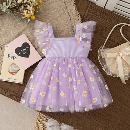 Baby Girl Dress Fashion Daisy Print Mesh Princess Dress Soft Comfortable Baby Outing Dress Girl Pink Birthday Gift