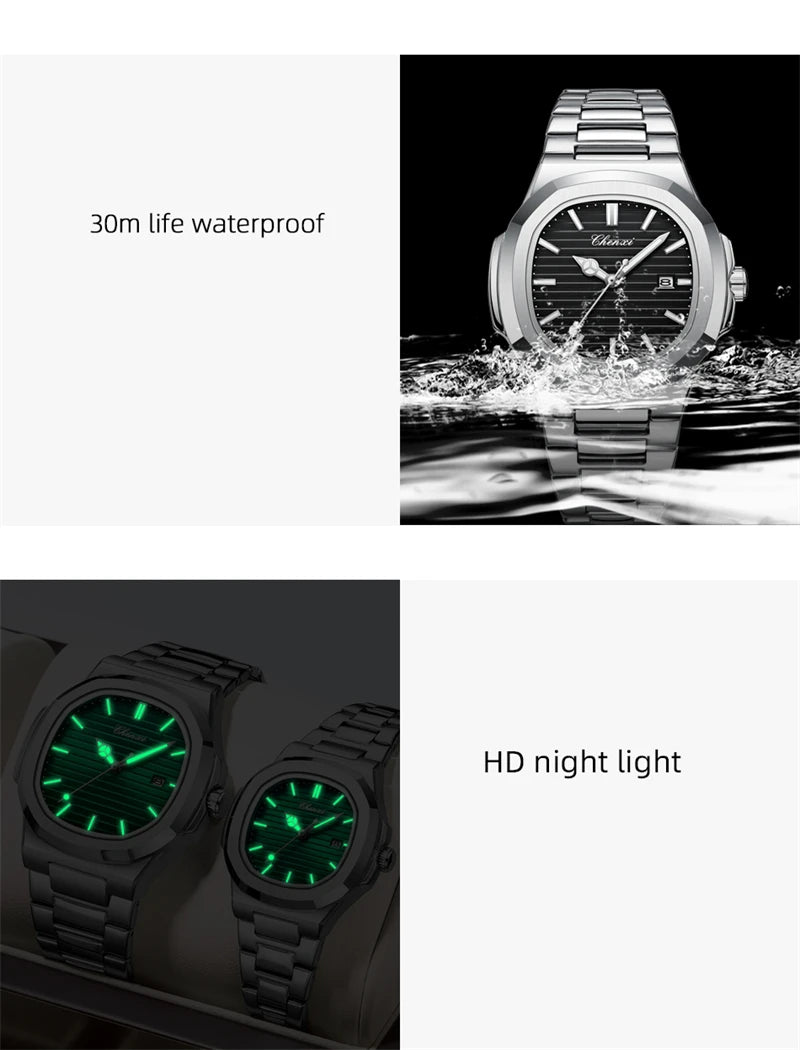 CHENXI 8222 Fashion Couple Quartz Watch Waterproof Night Light Date Stainless Steel Strap Casual Date Men's and Women's Watch