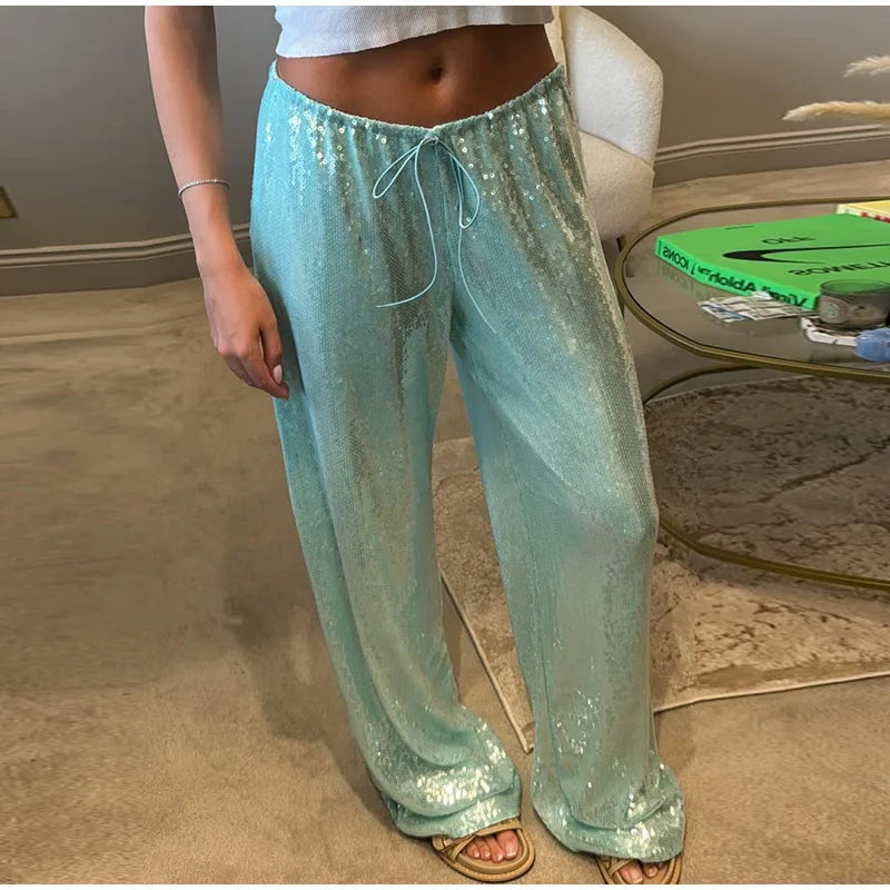 Casual Sequin Pants Women Loose Elastic Waist Wide Legs Trousers Female 2026 Autumn Winter Fashion Chic Solid Streetwears Lady