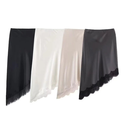 BSAY Lace Asymmetry Satin Texture Skirt Women Fashion Autumn Winter New Solid Chic Female High Waist Elegant Skirts Mujer