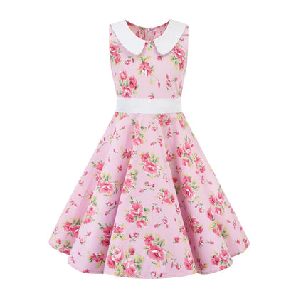 LPATTERN Girls' Vintage Rockabilly Dress Party Retro Polka Dot Floral Pattern A-line Dresses Pleated Skirt Knee-Length for 4-10Y
