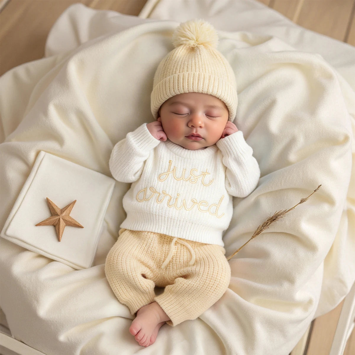 Ylsteed 3 Pcs Set Knitting Newborn Boy Photography Clothes "Just Arrived" Embroidery Khaki Baby Outfits Sweater Baby Shower Gift
