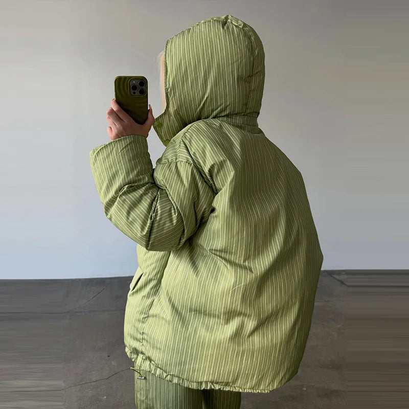 Casual Women's Stripe Set With Hat Full Sleeve Cotton Padded Coat Straight Pants Female Loose Sets 2026 Autumn Winter Lady Suit