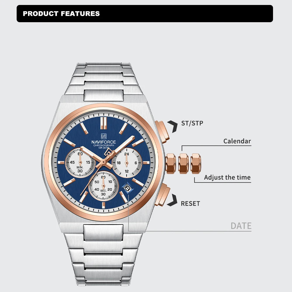 Top Brand NAVIFORCE Men and Women Quartz Chronograph Watch Stainless Band Stylish 24 Hours Date Display Couple Wristwatches 2024