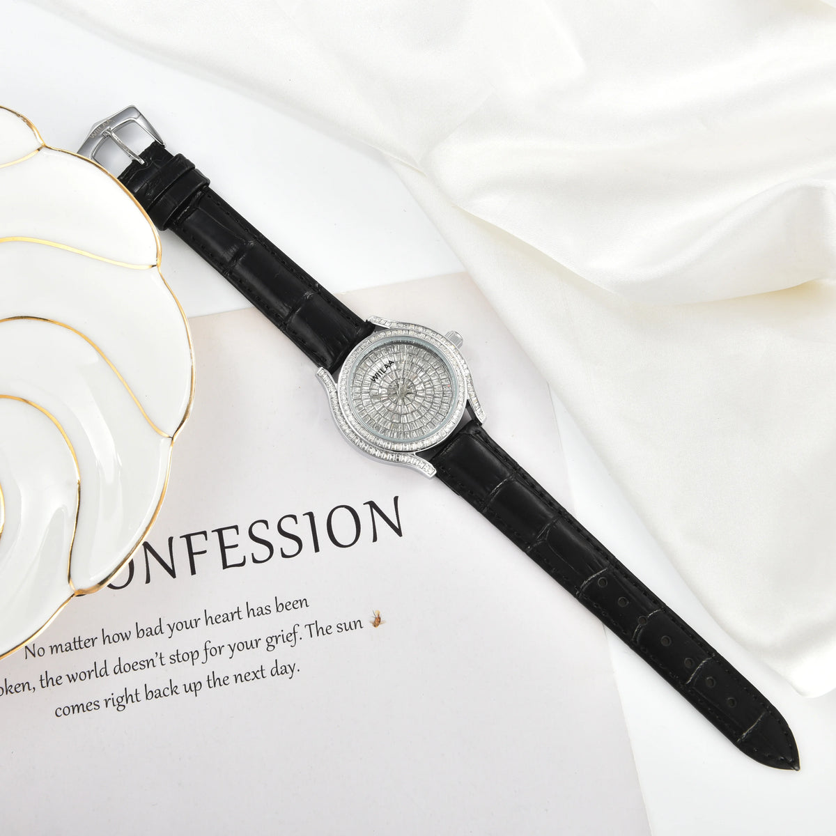 WIILAA Luxury Women's Crystal Quartz Watch - Full Baguette Rhinestone Dial Black Leather Strap Ladies Fashion Wristwatch for Par