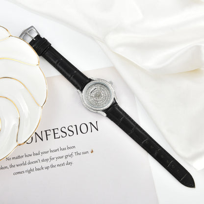 WIILAA Luxury Women's Crystal Quartz Watch - Full Baguette Rhinestone Dial Black Leather Strap Ladies Fashion Wristwatch for Par