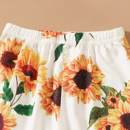 2PCS Fashion Clothes Set Toddler Girl Short Sleeve Top+Sunflower Flare Pants Summer Clothing Outfits for Kids Girl 1-5Years