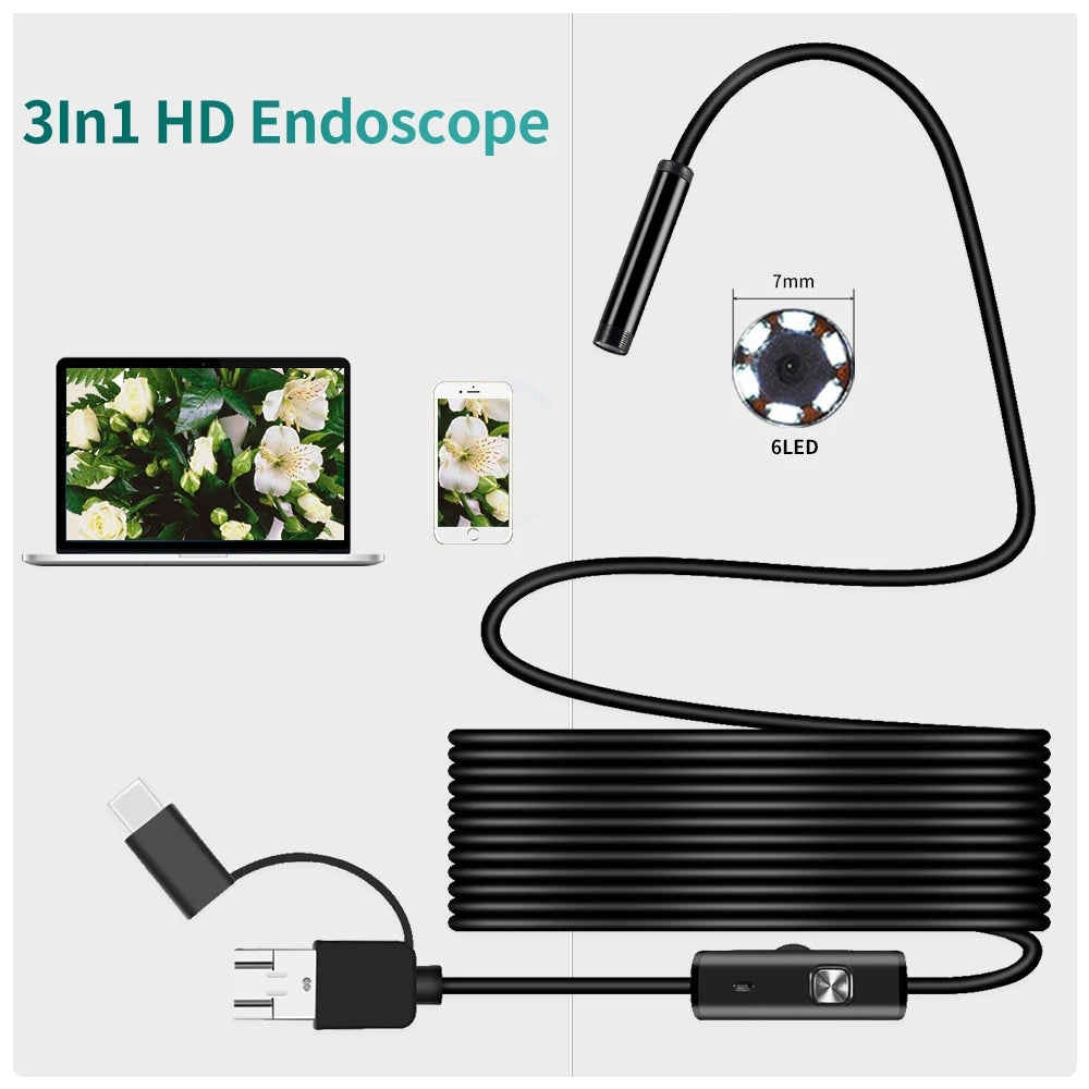5.5MM Android Endoscope Camera 3 IN1 Micro USB Type C Borescope Mini Camera Waterproof LED Car Inspection For HUAWEI XIAOMI PC