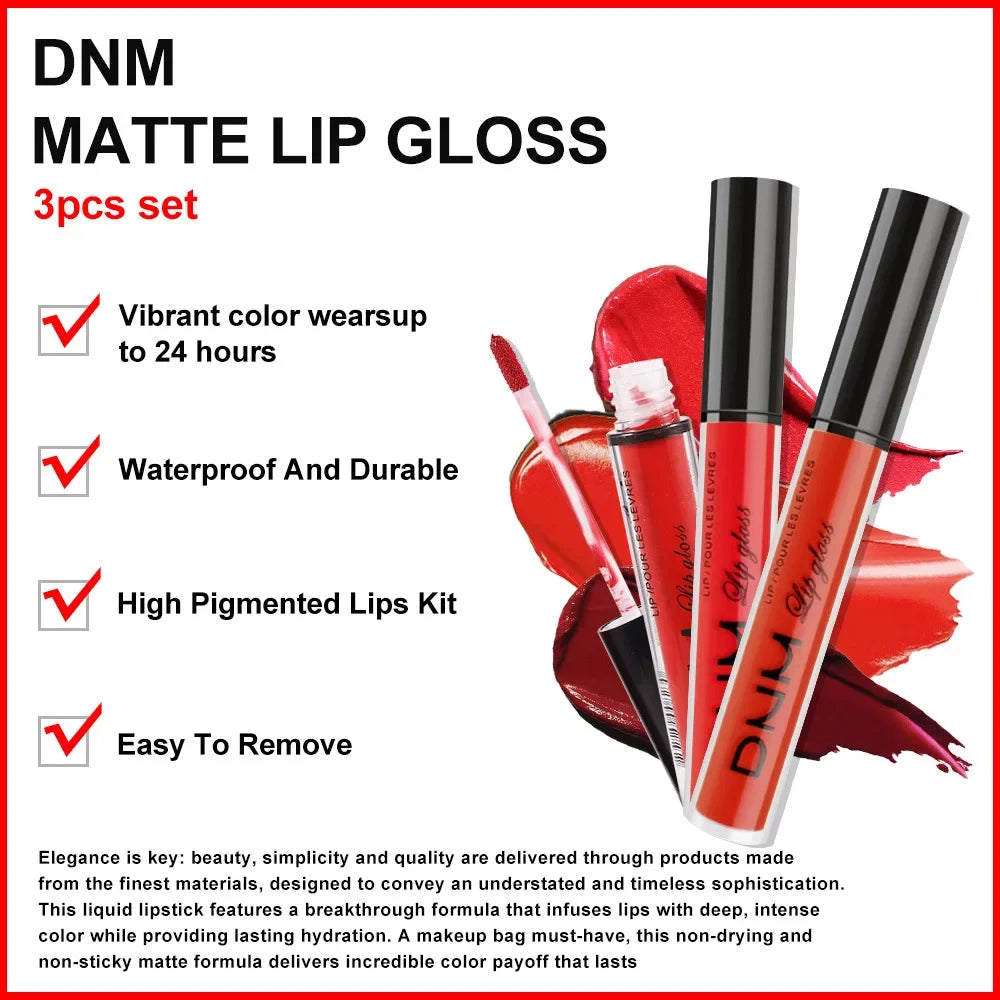 DNM 3PCS Liquid Lipstick Sets Waterproof Matte Black Blue Purple Blue Sexy Lip Gloss Long Lasting Nude Lip Tint Stain Makeup Kit