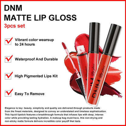 DNM 3PCS Liquid Lipstick Sets Waterproof Matte Black Blue Purple Blue Sexy Lip Gloss Long Lasting Nude Lip Tint Stain Makeup Kit