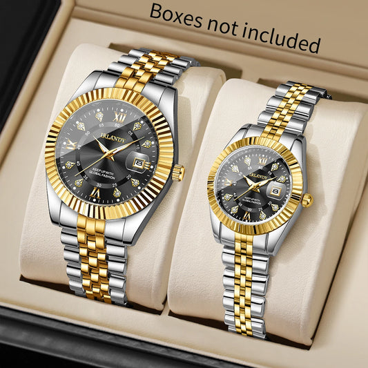 2PCS Fashion Couple's Watches Set Luxury Rhinestone Roma Dial Women Quartz Watch Men Calendar Business Wristwatches（Without Box）
