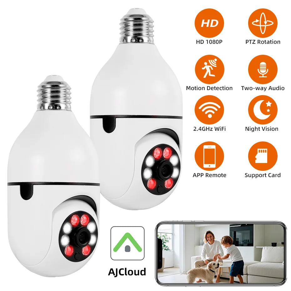 FUERS 2MP E27 Bulb Security Camera 2.4G WiFi PTZ CCTV Camera 4X Zoom AI Human Tracking Color Night Vision Two Way Audio Baby Monitor Indoor