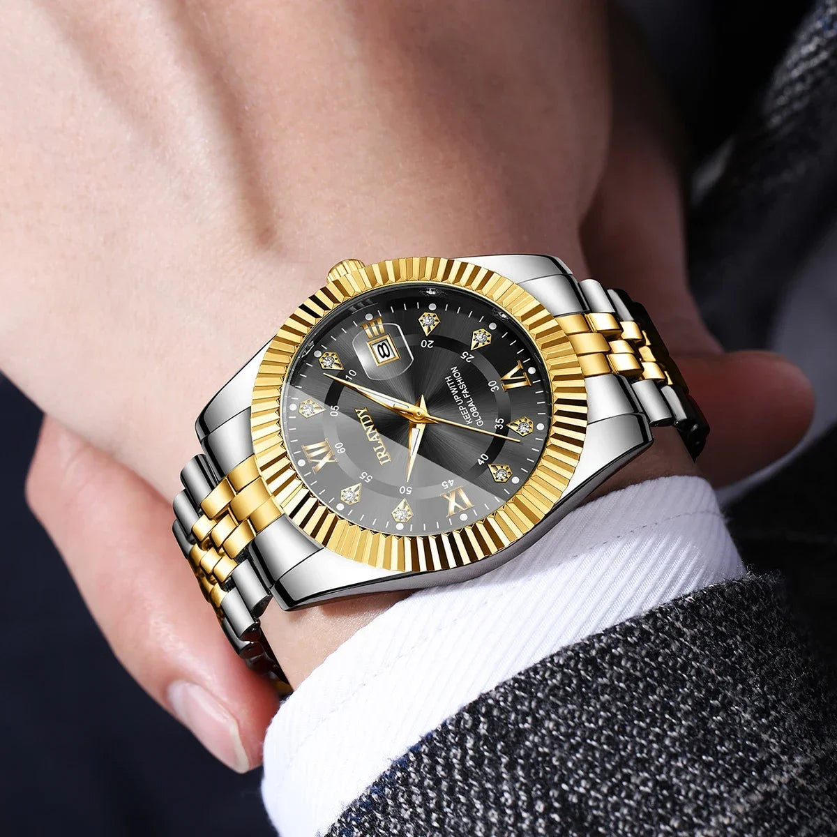 2PCS Fashion Couple's Watches Set Luxury Rhinestone Roma Dial Women Quartz Watch Men Calendar Business Wristwatches（Without Box）