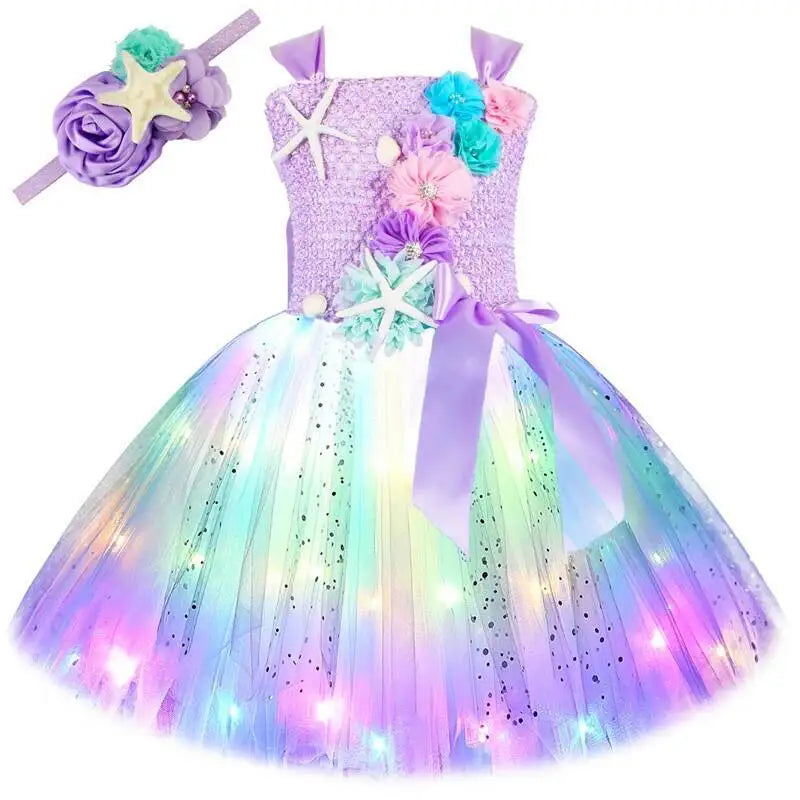 Girls' LED Flashing Mermaid Performance Clothing, Kids' Birthday Beauty Outfit, Fish-Tail Floral Mermaid Princess Tulle Dress