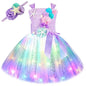 Girls' LED Flashing Mermaid Performance Clothing, Kids' Birthday Beauty Outfit, Fish-Tail Floral Mermaid Princess Tulle Dress
