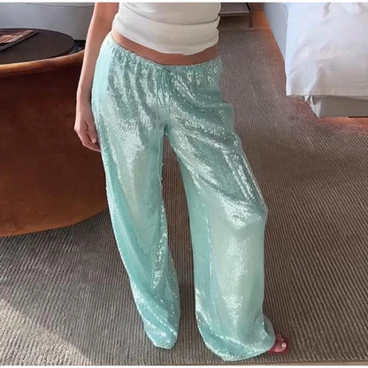 Casual Sequin Pants Women Loose Elastic Waist Wide Legs Trousers Female 2026 Autumn Winter Fashion Chic Solid Streetwears Lady