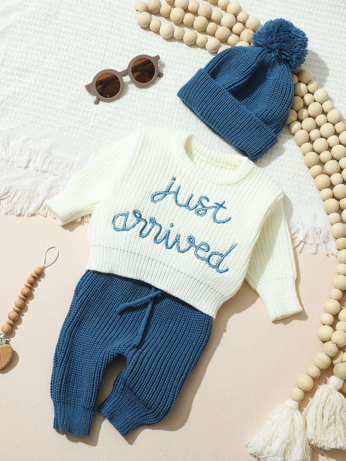 Ylsteed 3 Pcs Set Knitting Newborn Boy Photography Clothes "Just Arrived" Embroidery Khaki Baby Outfits Sweater Baby Shower Gift