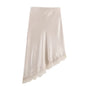 BSAY Lace Asymmetry Satin Texture Skirt Women Fashion Autumn Winter New Solid Chic Female High Waist Elegant Skirts Mujer