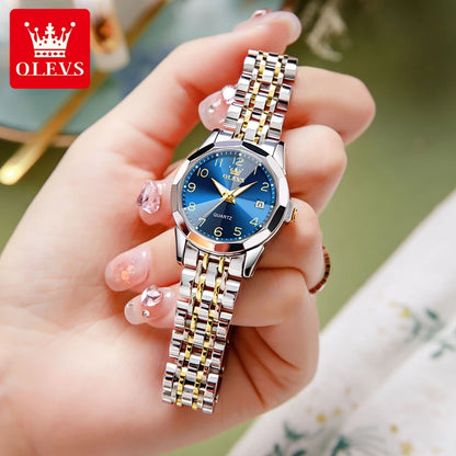 OLEVS 9970 Couple Watch For Men Women Luxury Number Dial Rhombus Mirror Quartz Hand Clock Stainless Steel Original Dress Watches