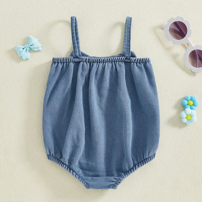 FOCUSNORM 0-18M Lovely Baby Girls Denim Romper Sleeveless Square Neck Bow Front Strap Jumpsuits Newborn Playsuit