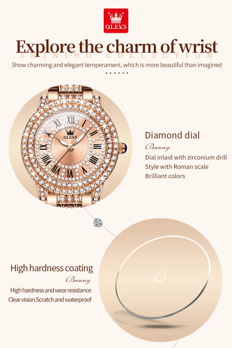 OLEVS 9943  Women's Quartz Watches Roman Dial  Diamond Bezel Luxury Elegant Waterproof Ladies Dress Wristwatch