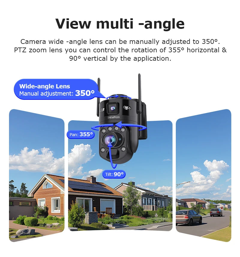 SHIWOJIA 60X ZOOM Solar Camera 4G 10MP AOV 24/7 Video Recording Dual Lens 360° 14W Solar Panel Security WIFI Camera PIR Monitor