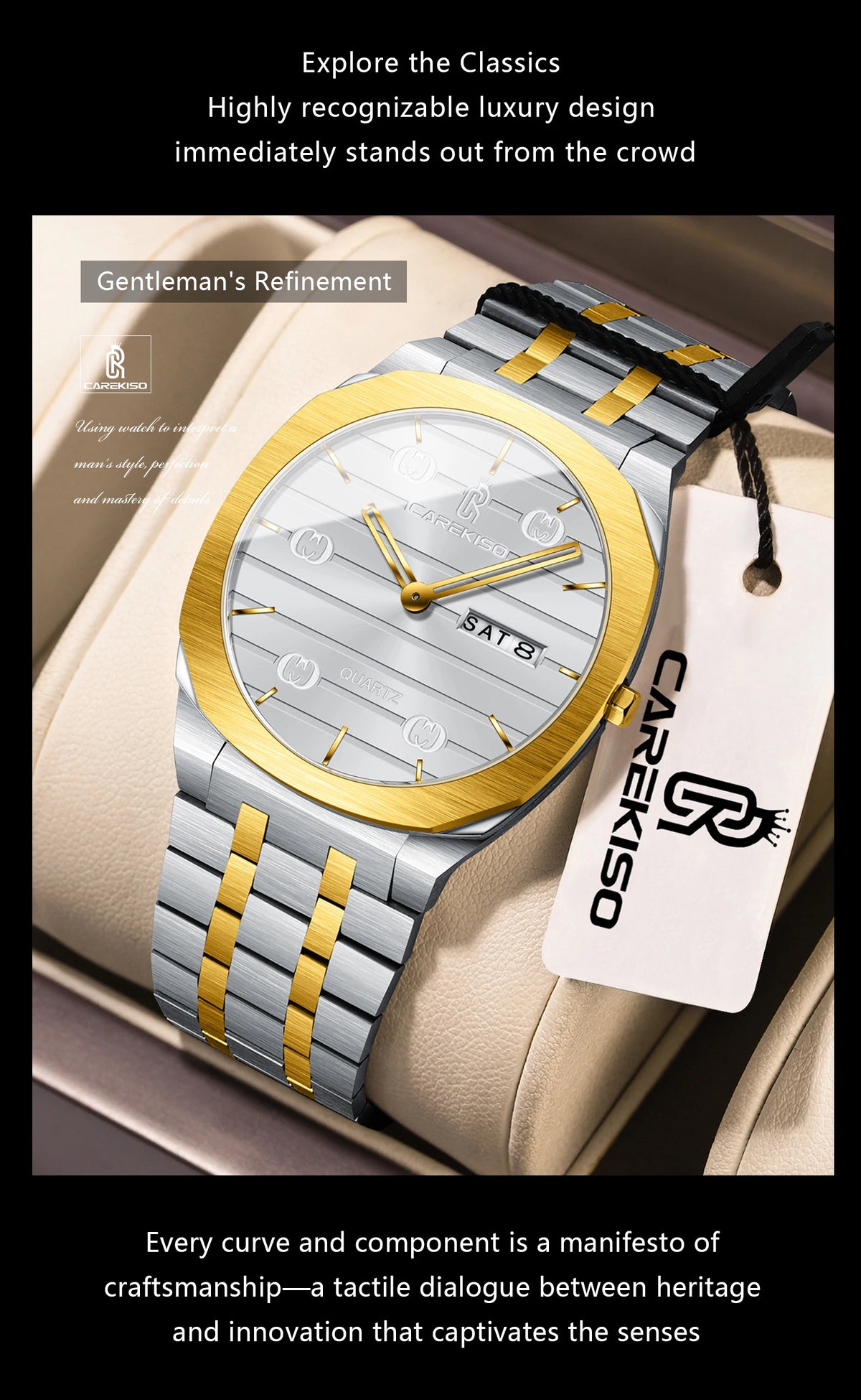 CAREKISO Luxury Fashion Men Clock Waterproof Week Date Casual Man Wristwatch Stainless Steel Quartz Business Men's Watches Reloj