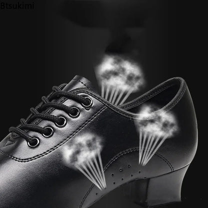 Children Latin Dance Shoes Boy Men Professional Leather Latin Shoes Black Soft Sole Kids Low-heeled Social Modern Dance Shoes