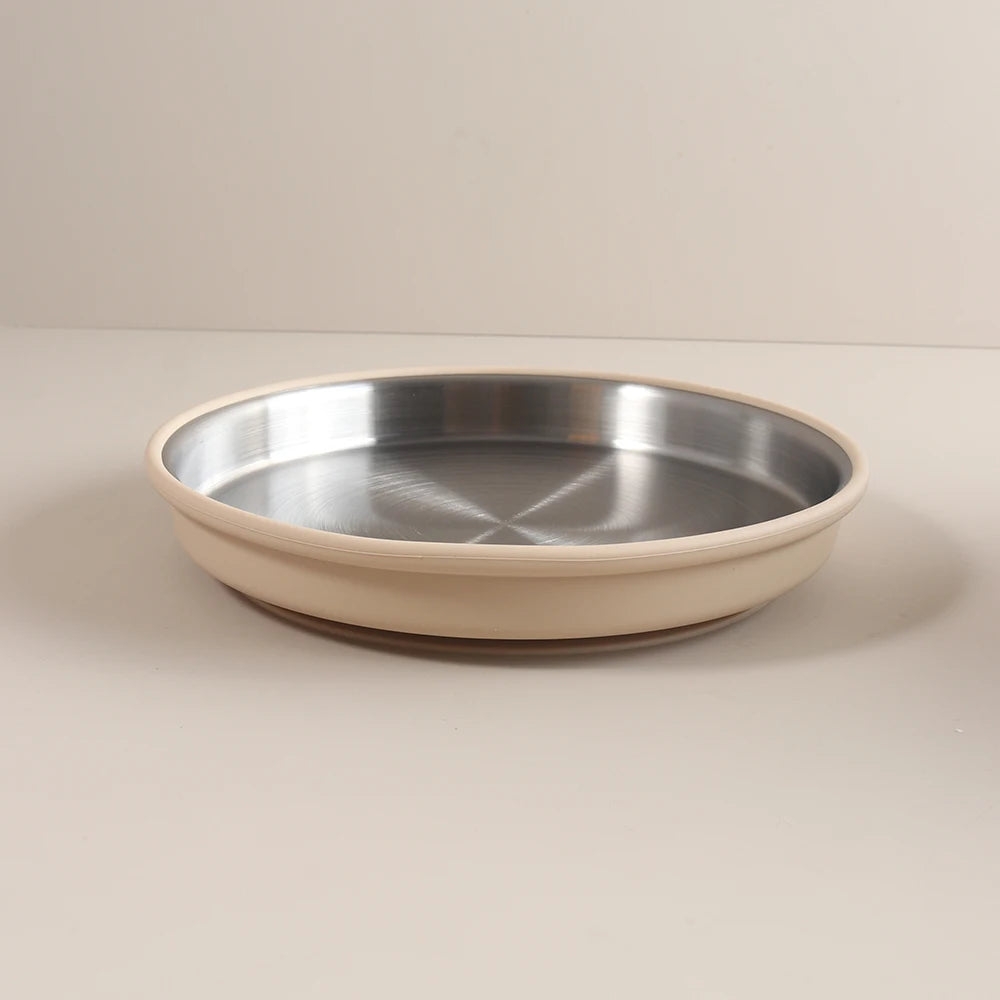 Simple design Stainless Steel Baby Plate with Silicone Suction,  Large Double Layer Dinner Plate for Toddlers