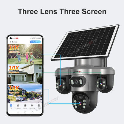 LS VISION Wireless WiFi Solar Camera Three Lens Three Screen 4G Sim Card Solar Cam Human Detection Outdoor Solar Surveillance
