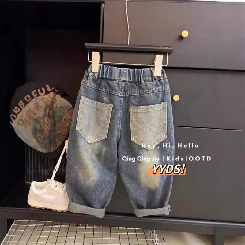 Boys Jeans Children Spring Denim Autumn New Fashion Straight Pants 2025 Kids Loose Casual Elastic Trousers 2-8 Years Old