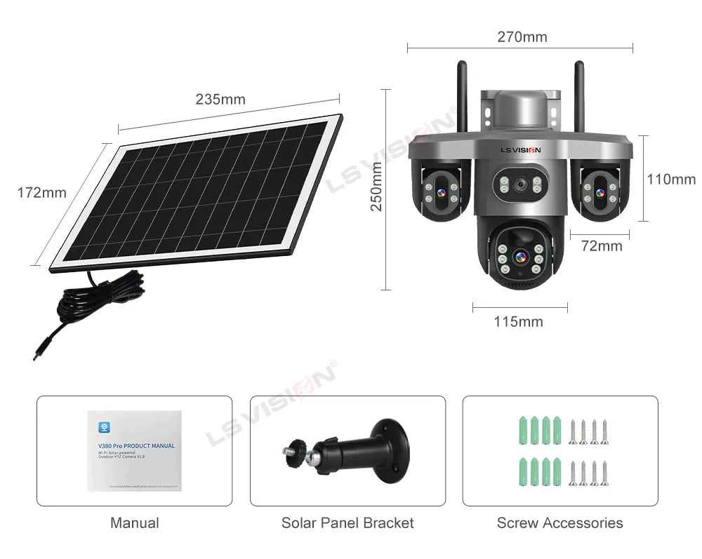 LS VISION Wireless WiFi Solar Camera Three Lens Three Screen 4G Sim Card Solar Cam Human Detection Outdoor Solar Surveillance