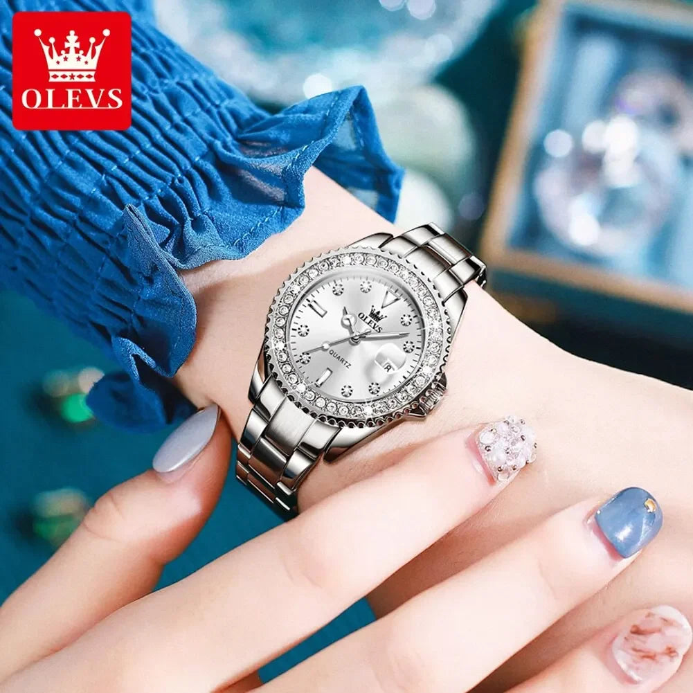 OLEVS 9945 Luxury Diamond Stainless Steel Quartz Watch for Women Elegant Ladies Waterproof Sport Women's Wristwatch Reloj Mujer