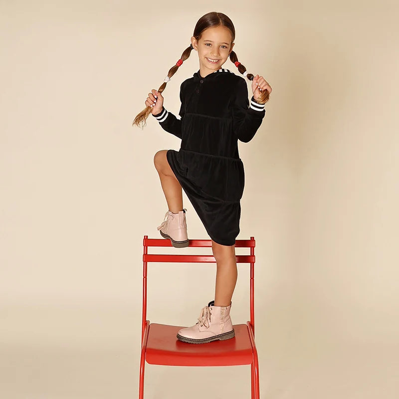 AA-Velour Hooded Set Tired Dress with Hooded Lining Striped Shirt and baby Footie Romper Ribbed Family Clothing Dress for Girls