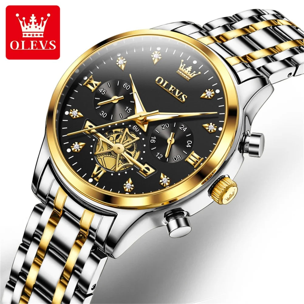 OLEVS Luxury Flywheel Design Couple Wristwatch Chronograph Waterproof Moon Phase Watch Brand Original Quartz Watch for Men Women