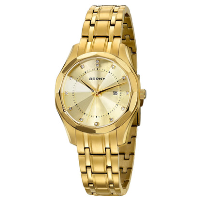 BERNY Golden Watch for Women Quartz Luxury Diamond Shape Lens Ladies Wristwatch Waterproof Stainless Steel Fashion Women Watch
