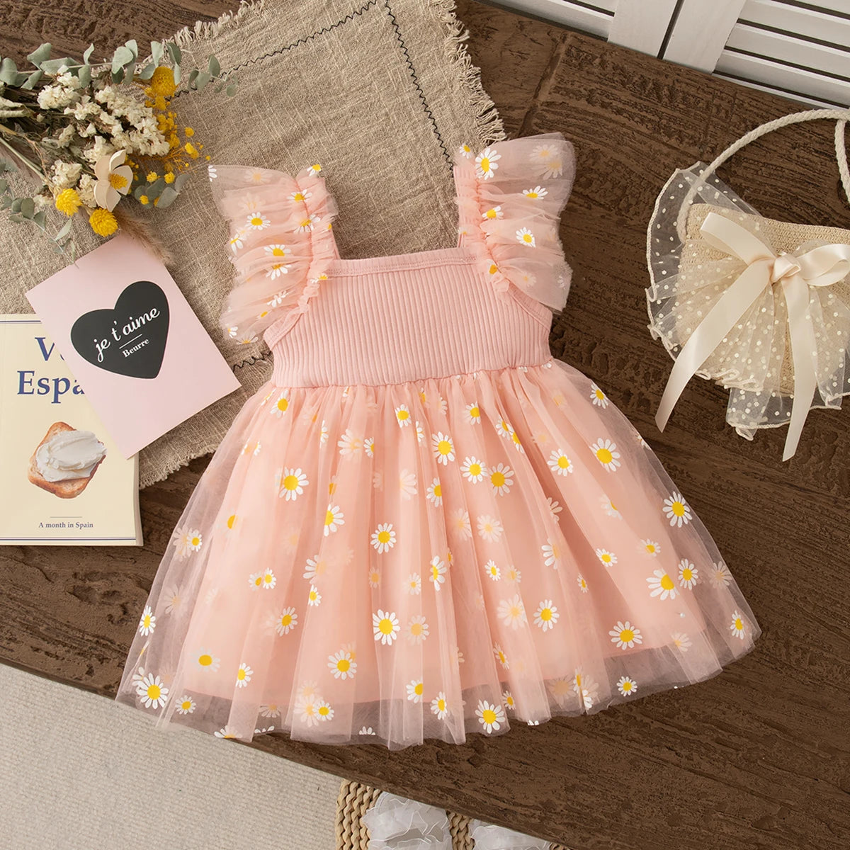 Baby Girl Dress Fashion Daisy Print Mesh Princess Dress Soft Comfortable Baby Outing Dress Girl Pink Birthday Gift
