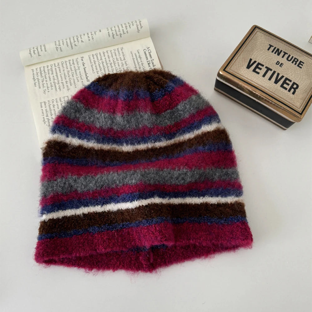 Striped Knitted Beanies Hats For Women&Men Winter Plush Warm Skullies Hat Unisex Outdoor Coldproof Ski Ear Protection Caps Gorro