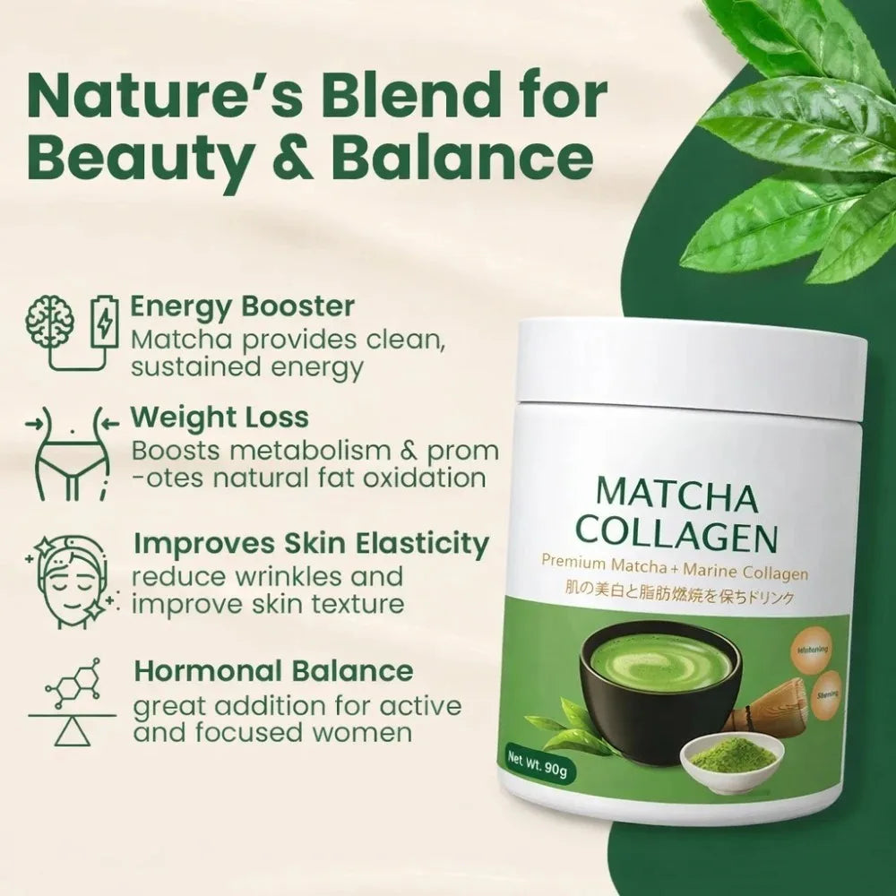 Matcha Collagen Powder with Marine Collagen Organic Green Tea Drink Mix Daily Beauty Wellness Support Gluten Free 30 Servings