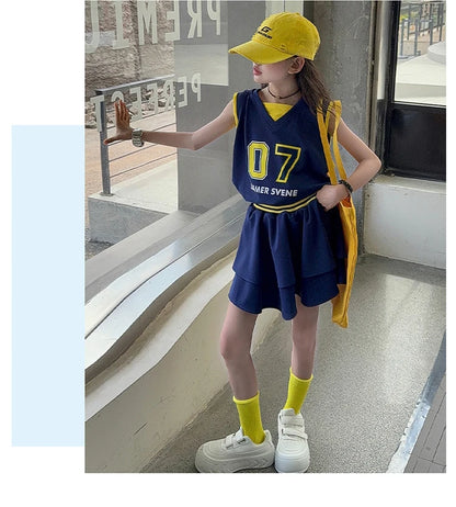 Girls Clothes Set Kids Two Pieces Suits Child Sporty Style Tee+Shorts Sets Tween Girls Clothes Set With Number Design Size 4-14Y