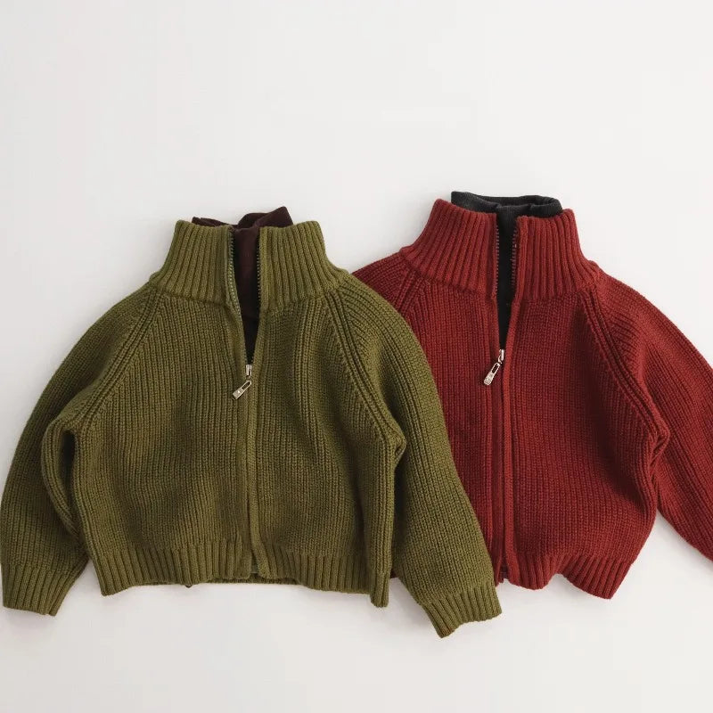 Autumn Winter Kids Sweater 1-6T Solid Color Zipper Boys Girls Turtleneck Cardigan Coat Children Baby Loose Warm Knit Tops