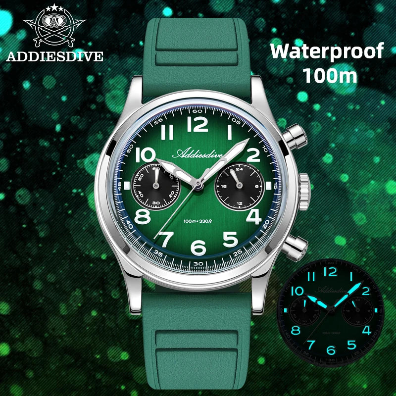 ADDIESDIVE New 2025 Chronograph 38mm Men's Watches VK64 Quartz Wristwatch Luminous Bubble Mirror 10Bar Waterproof Steel Watch