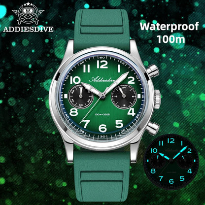ADDIESDIVE New 2025 Chronograph 38mm Men's Watches VK64 Quartz Wristwatch Luminous Bubble Mirror 10Bar Waterproof Steel Watch