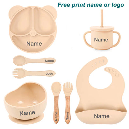 Feeding Set Silicone For Baby Sucker Bowl Dishes Plate For Kids Bear Plate Set Baby Tableware Children's Cup With Straw 8Pcs