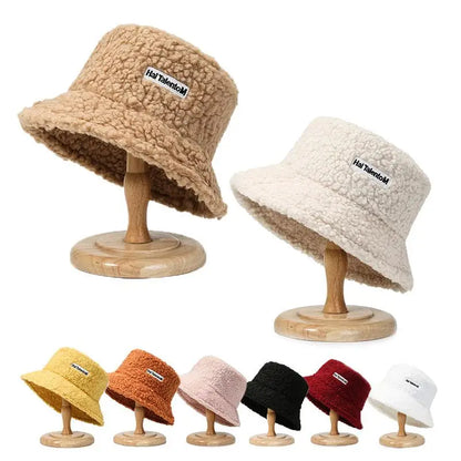 Warm Embroidered Hat Soft Lambswool Bucket Hat For Women Men Winter Warm Knitted Beanie Cap Soft Warm Thick Fisherman Hat