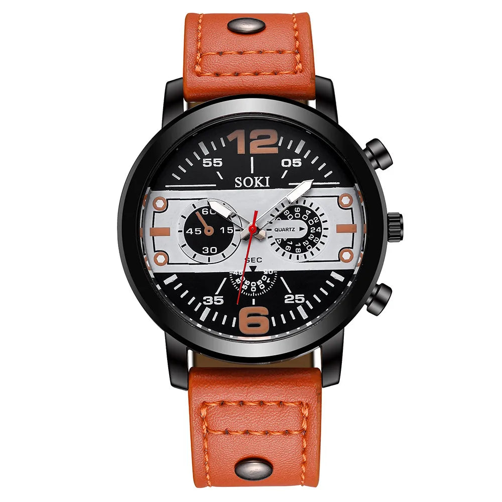 Sleek Men’s Watch Chic Brown Leather Band Quartz Watch Modern Black White Orange Three Eye Contrast Color Chronograph Wristwatch