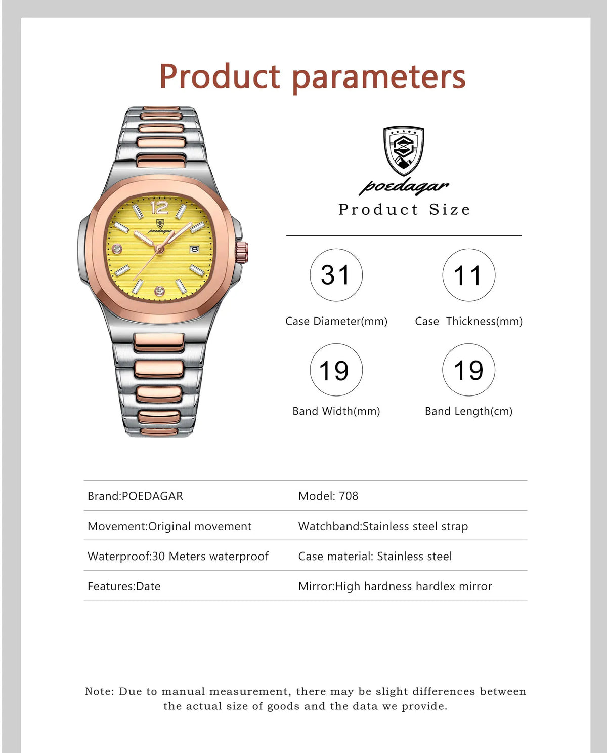 POEDAGAR Luxury Watch For Woman Square Ladies Quartz Watch Luminous Waterproof Date Women's Watches Dress Female Clock reloj+box